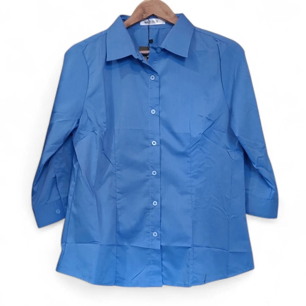 Women's Doublju Brand Slim Fit Dress Shirt Half Sleeve Stretch Size L Blue NWT! - Picture 2 of 12